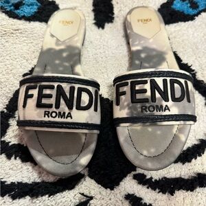 FENDI
Black/White Tie Dye Fabric Leather Slide Sandals Size 39